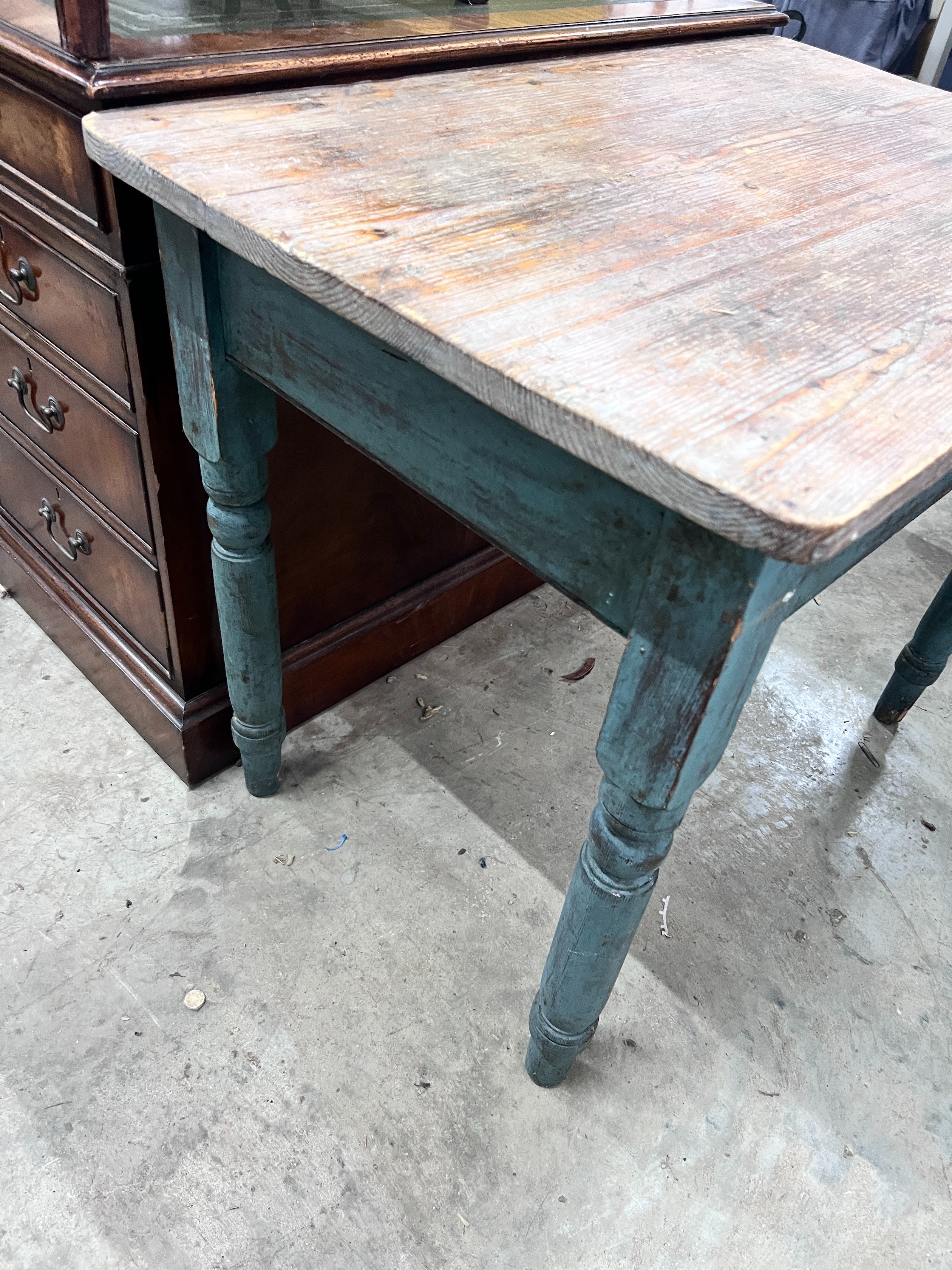 A Victorian part painted pine side table, width 91cm, depth 59cm, height 73cm *Please note the sale commences at 9am.